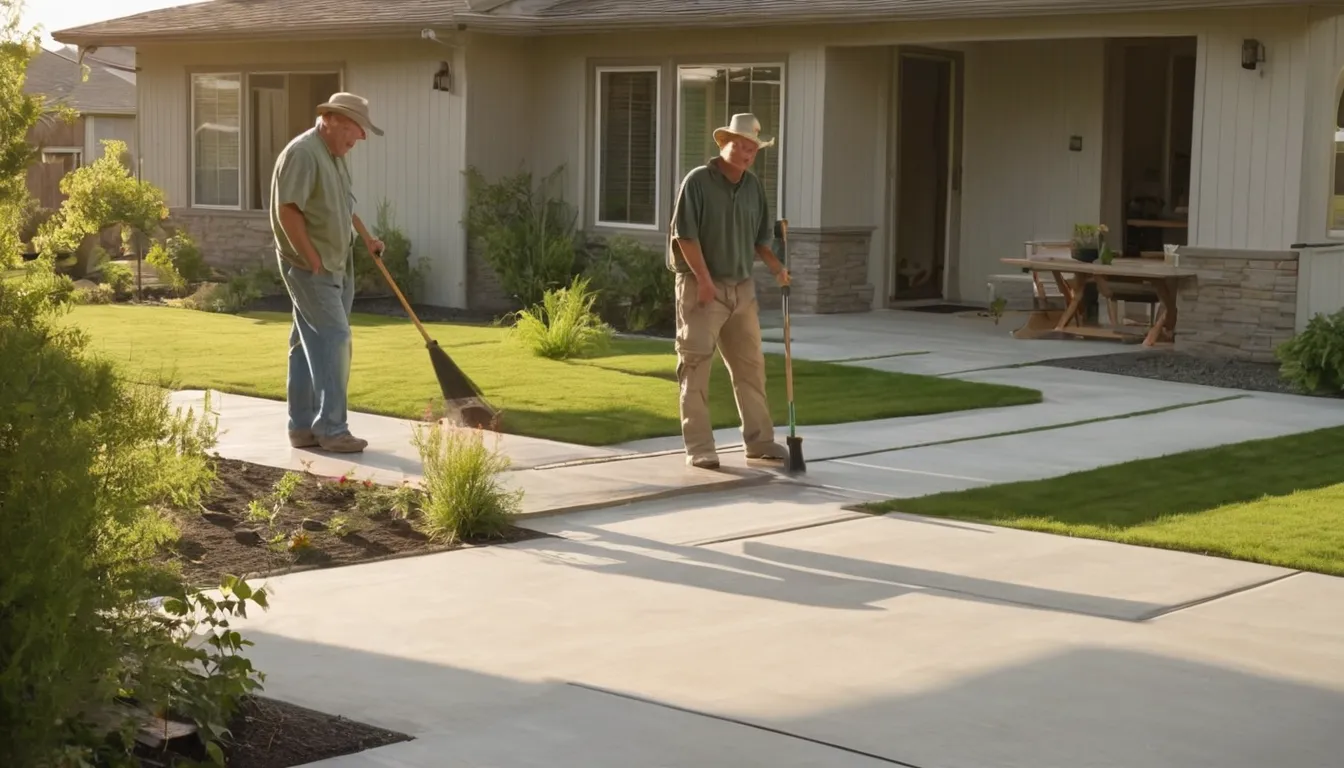 A newly poured concrete patio behind a family home near Hudson, with outdoor chairs and a table