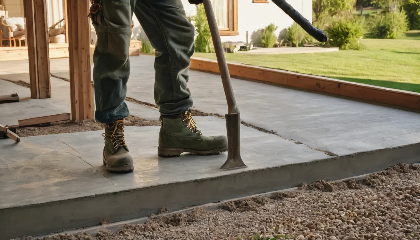 Concrete finisher smoothing a new patio slab near Hudson