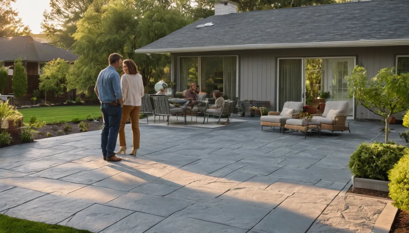 Finished stamped concrete patio with a slate pattern behind a home in the Hudson area